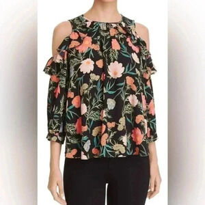 KATE SPADE  New York Black Blossom Print, Cold Shoulder Top Women’s Small